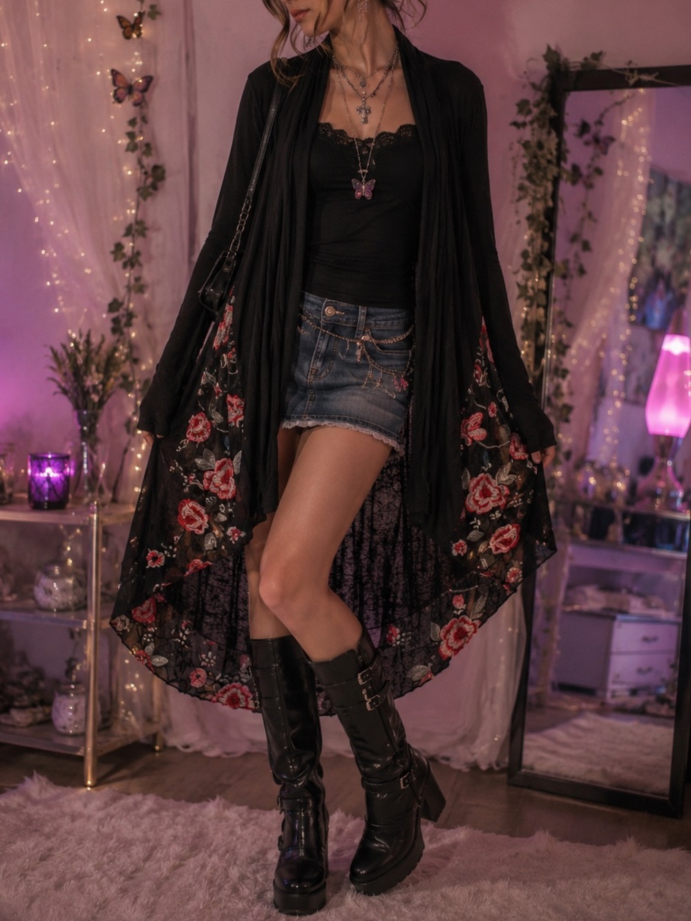 Vintage Y2K Black Embroidered Mesh High Low Cardigan Duster XL Made in USA